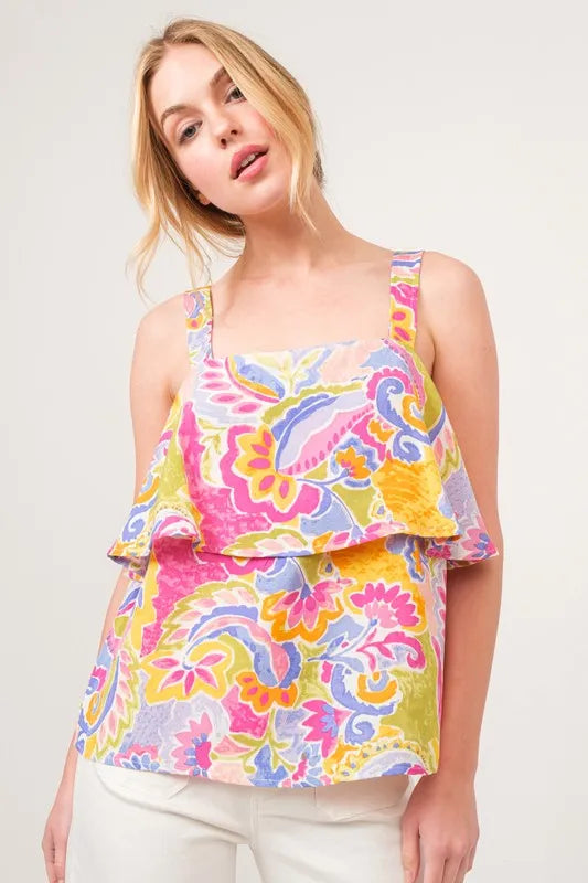 Square Neck Tiered Paisley Print Top