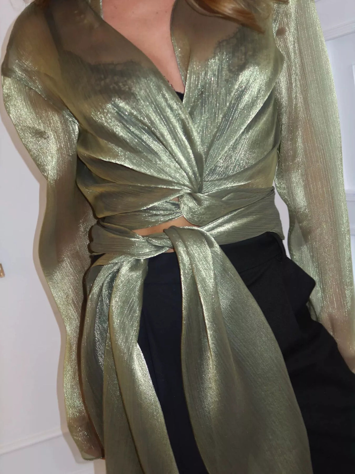 Sheer Front Tie Detail Long Sleeve Shirt