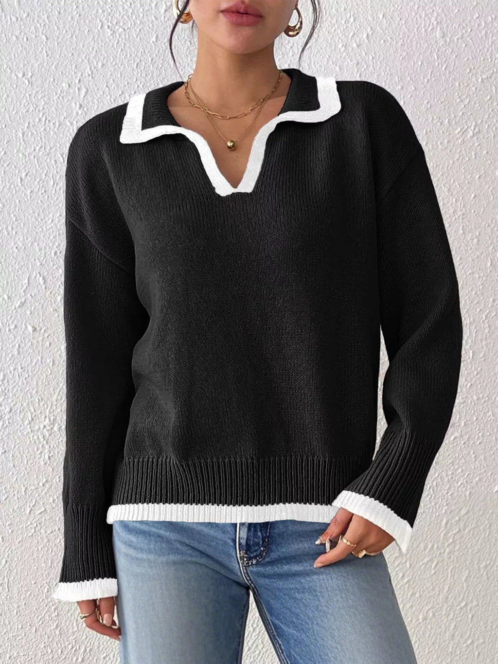 Contrast Trim Polo Collar Sweater