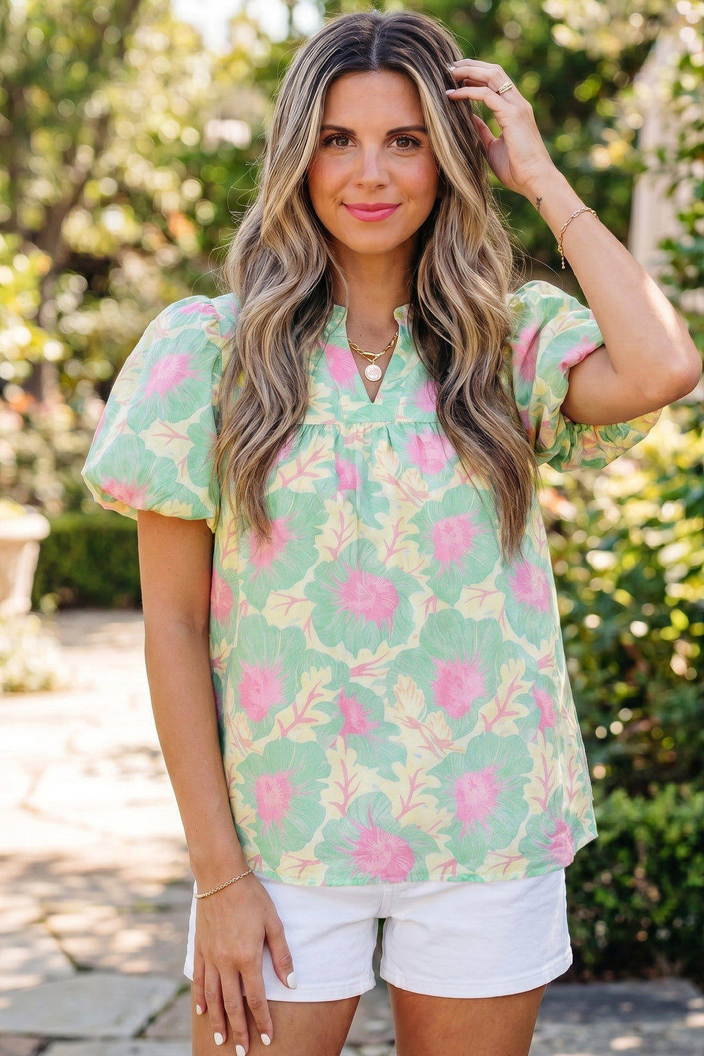Green Short Bubble Sleeve Summer Floral Blouse