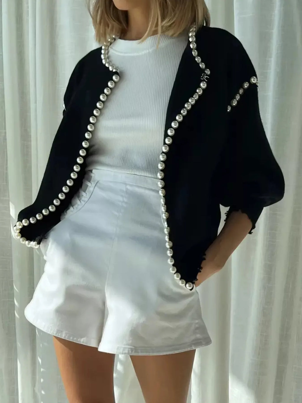 Pearl Trimmed Open Front Cardigan