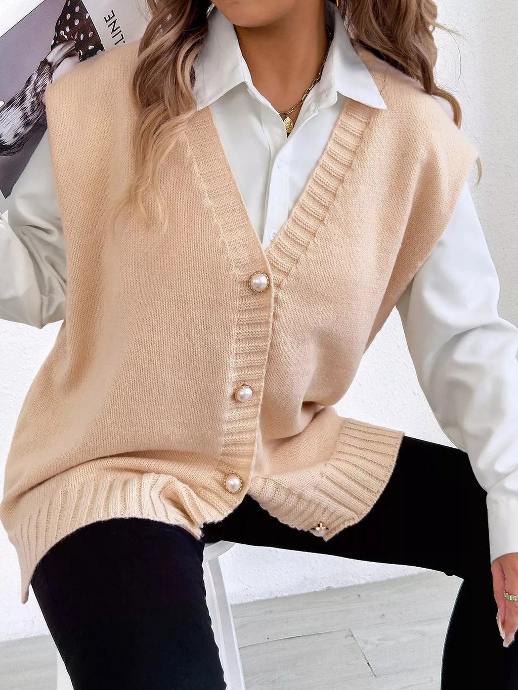 V-Neck Button-Front Knit Sweater Vest
