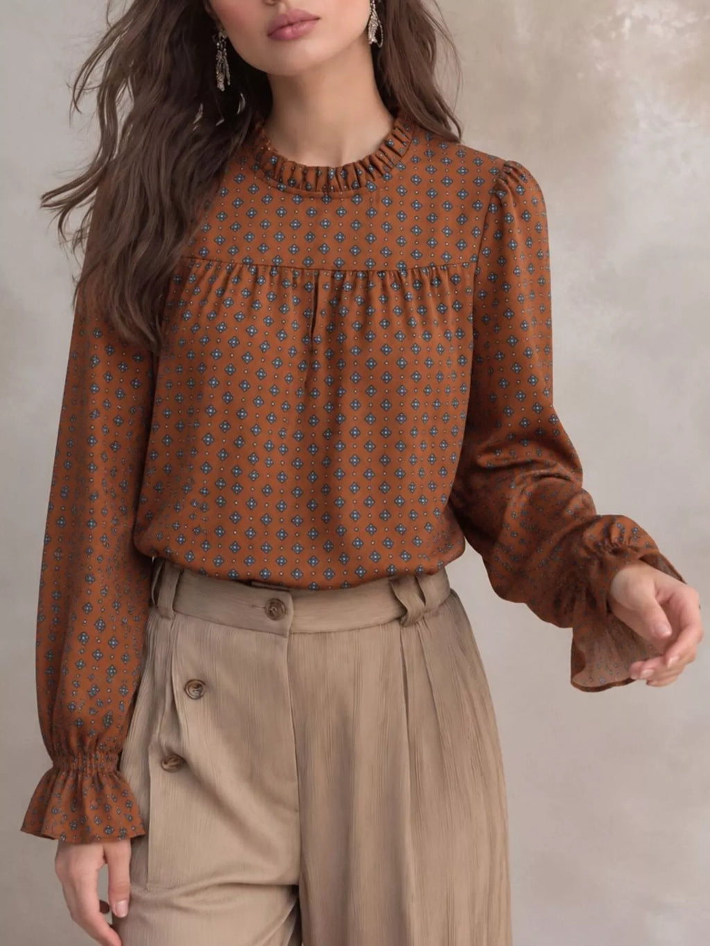 Geometric Print Mock Neck Puff Sleeves Blouse