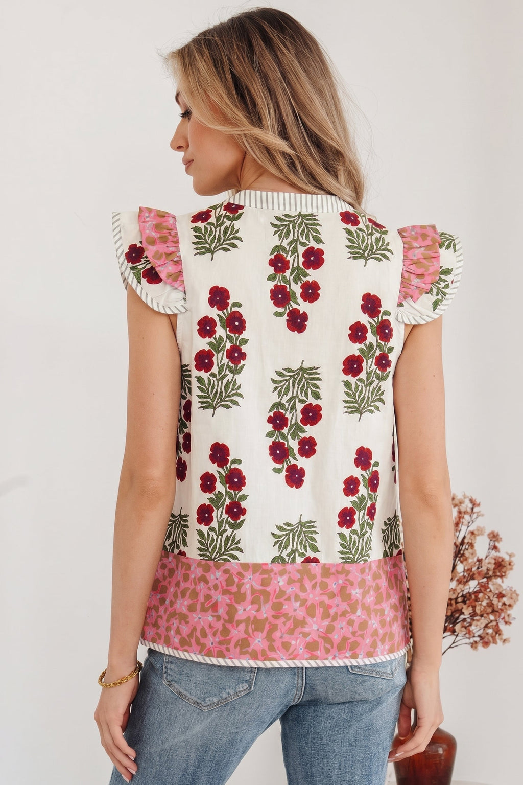 White Floral Print Contrast Striped Trim Flutter Cotton Blouse