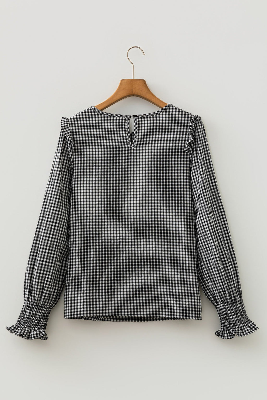 Black Plaid Shirred Cuff Long Sleeve Round Neck Blouse