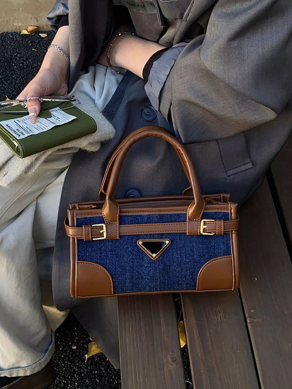 Denim Patchwork Buckle Decor Crossbody Bag