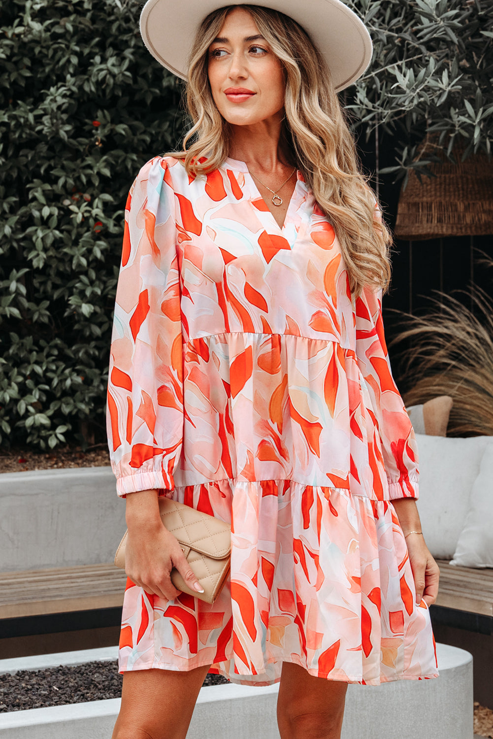 Abstract Split Neck Long Sleeve Dress