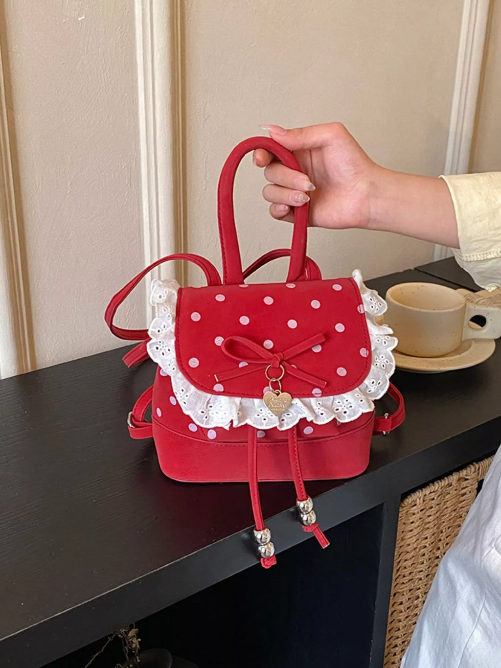 Polka Dot Lace Trim Backpack Bag