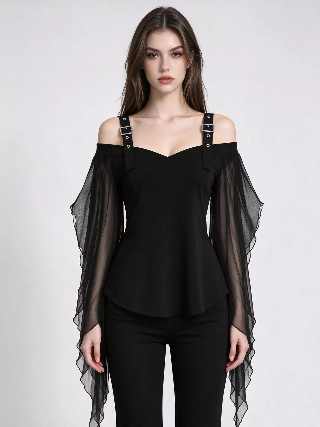 Halloween Gothic Buckle Strap Mesh Sleeve Top