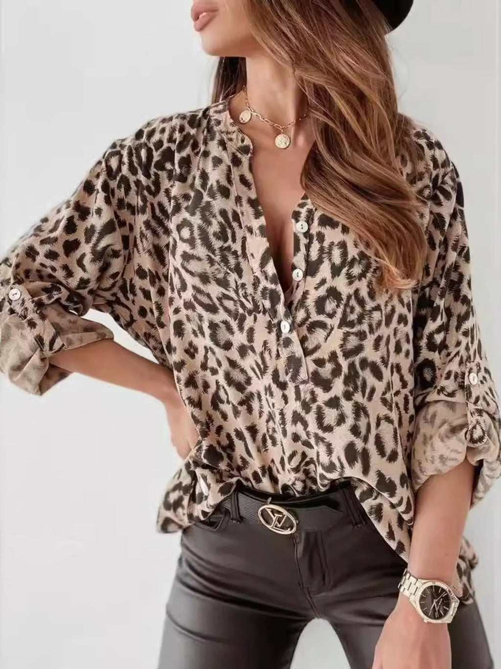 Leopard Print Button Detail Blouse