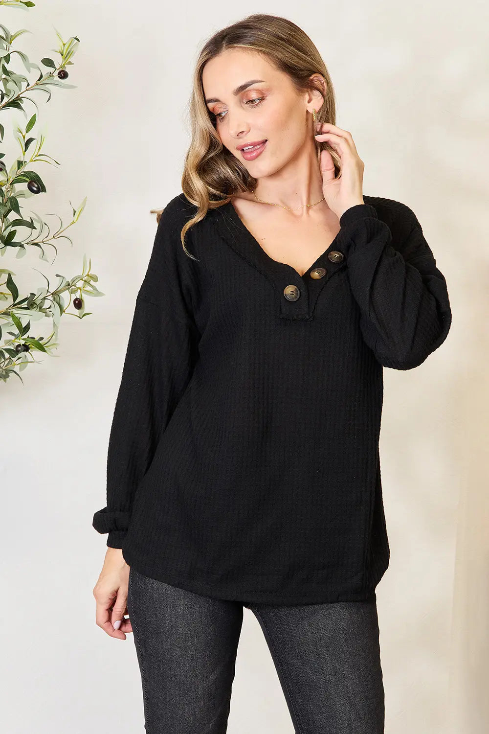 Button Front Long Sleeve Blouse in Soft Stretch Woven