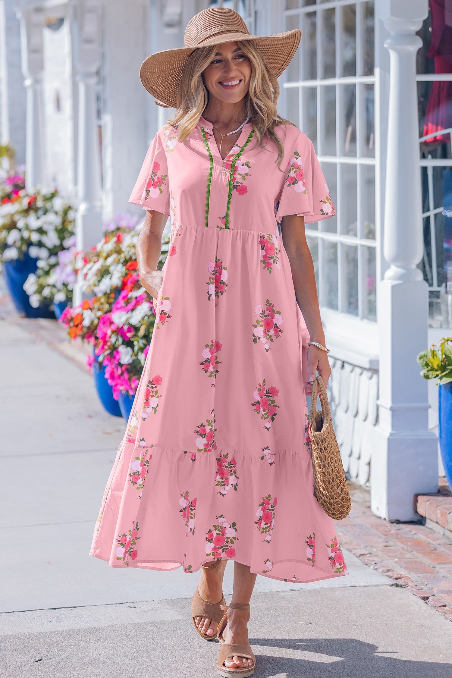 Pink Notched Neck Flutter Short Sleeve Floral Print Maxi Dress