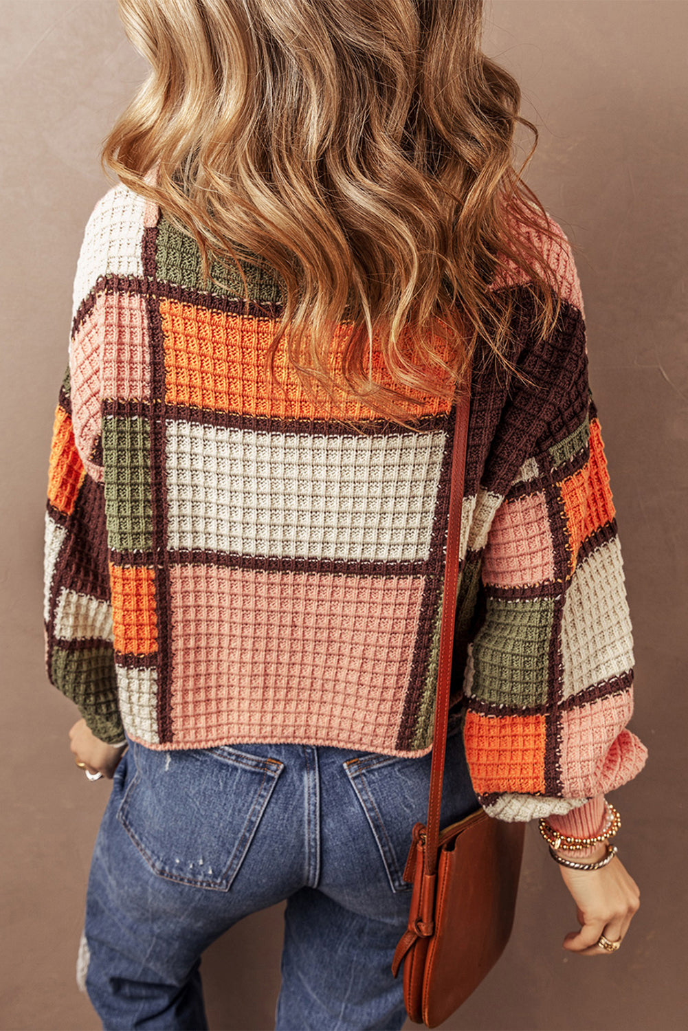 Colorblock Waffle Knit Drawstring Mock Neck Sweater