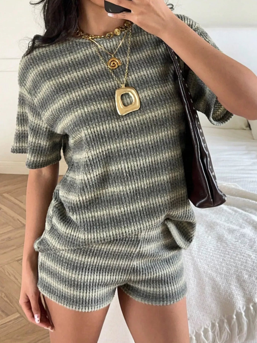 Striped Textured Knit Top and Shorts Set
