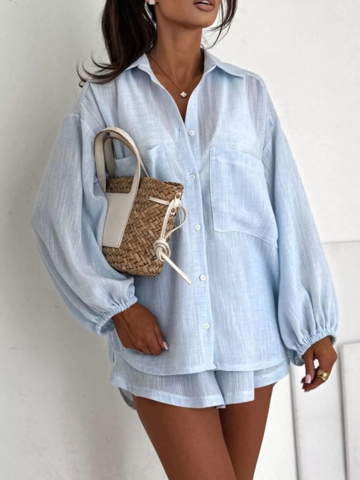 Long Sleeve Shirt and High-Waisted Shorts Set