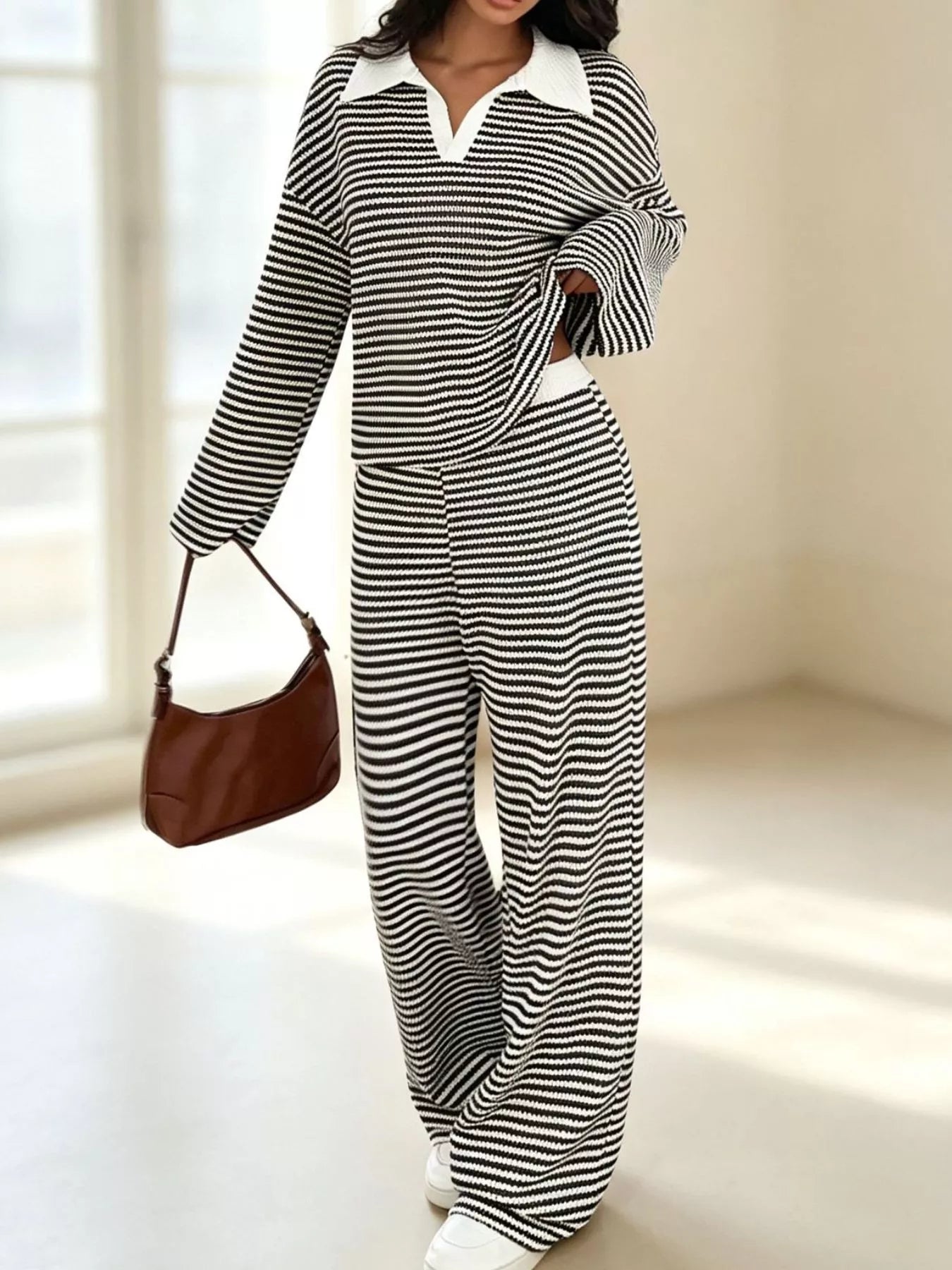 Striped Long Sleeve Polo and Wide-Leg Pants Set