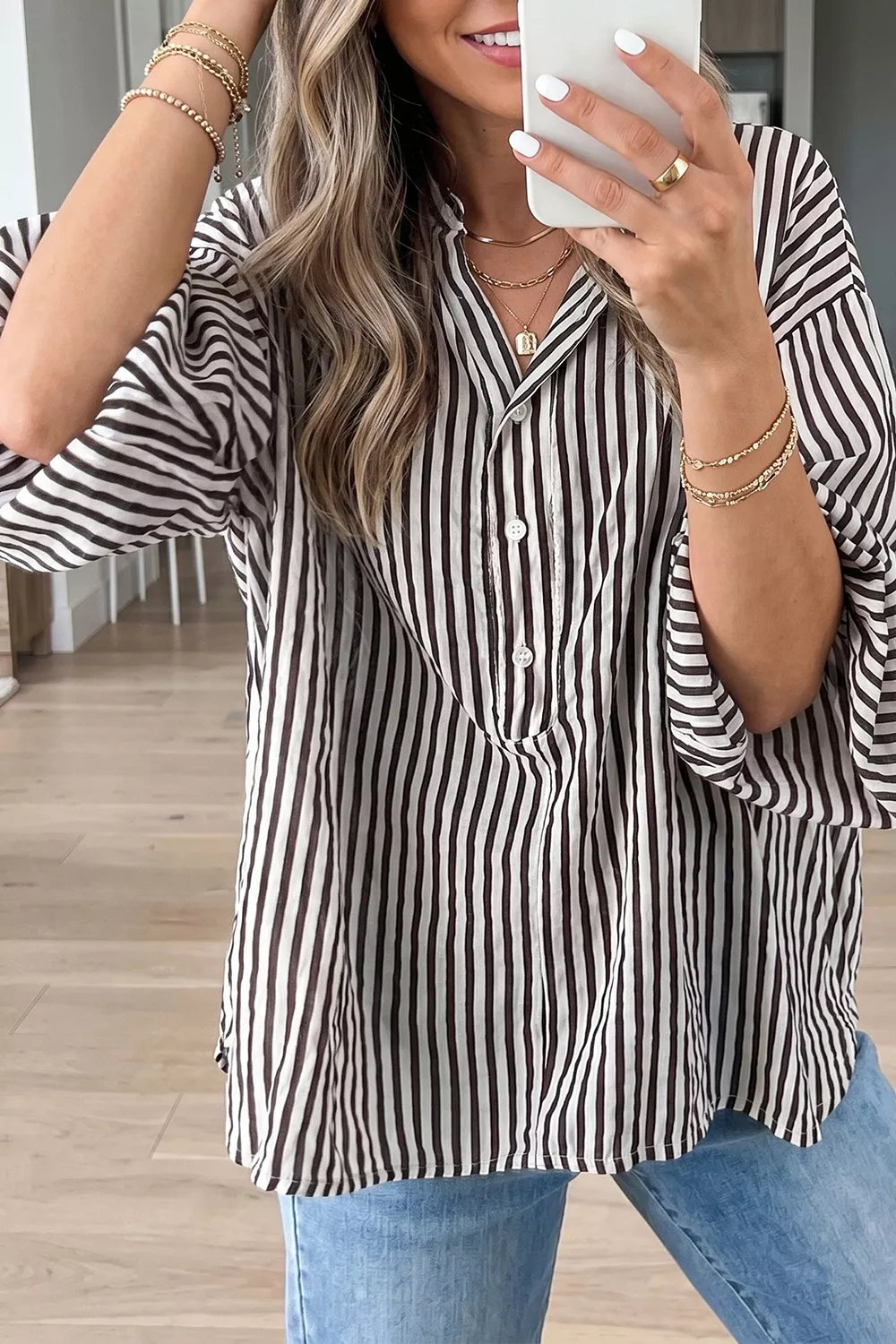 Striped Half Sleeve Button-Up Shirt