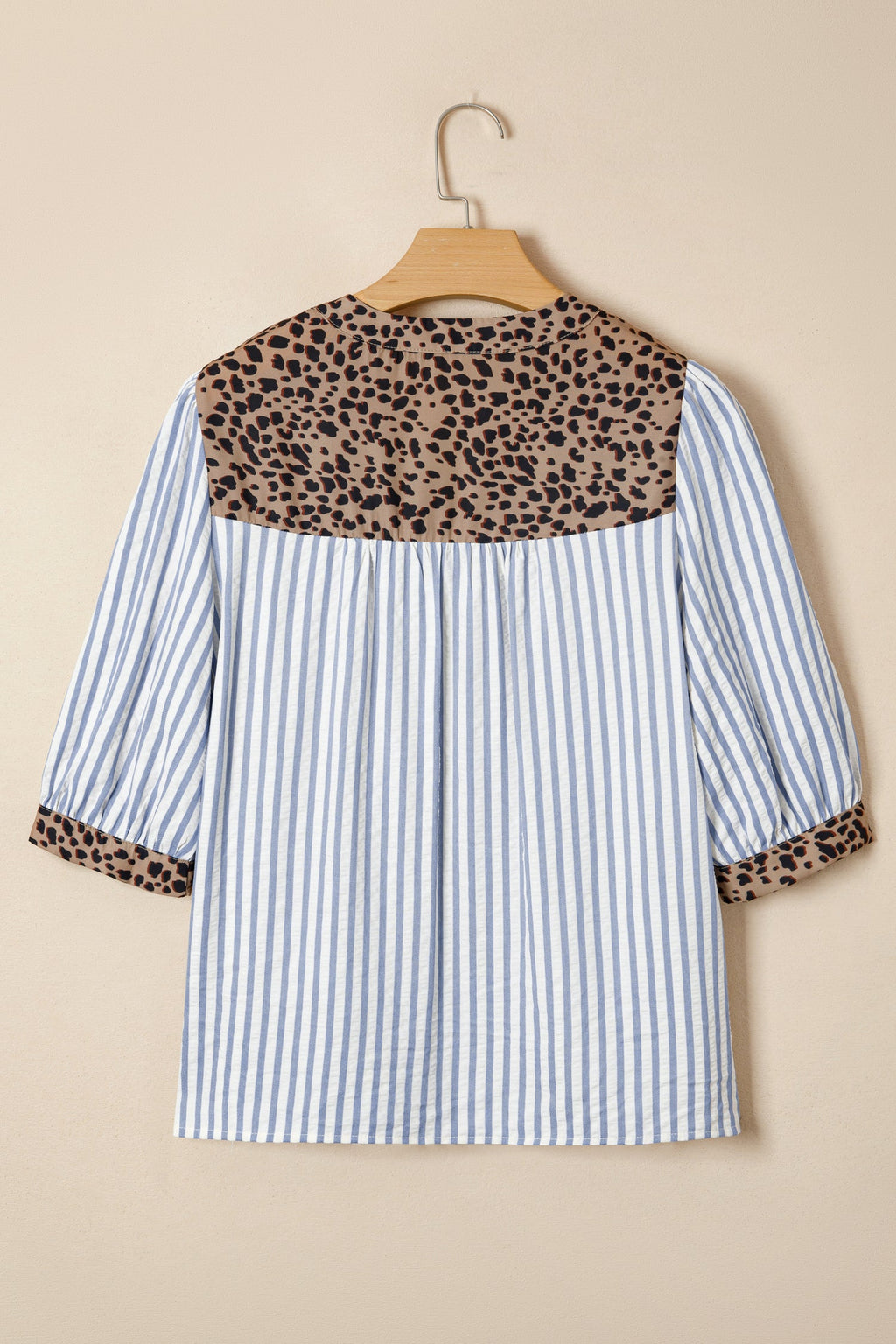 Stripe Leopard Trim V-Neck Buttoned Short Sleeve Shirt