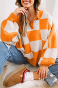 Grapefruit Orange Checkered Pattern Polo Collar Loose Sweater