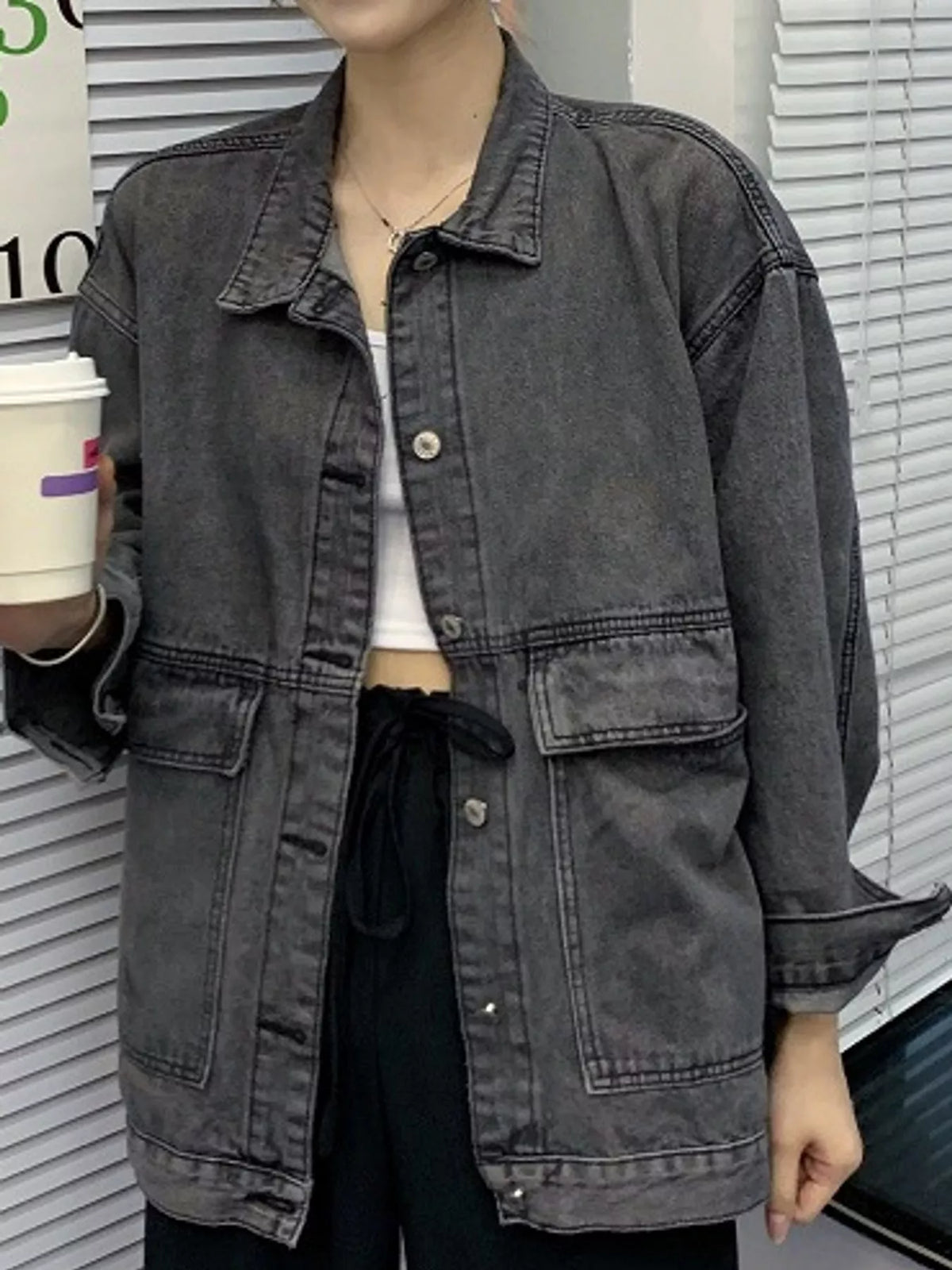 Oversized Wash Denim Jacket with Utility Pockets