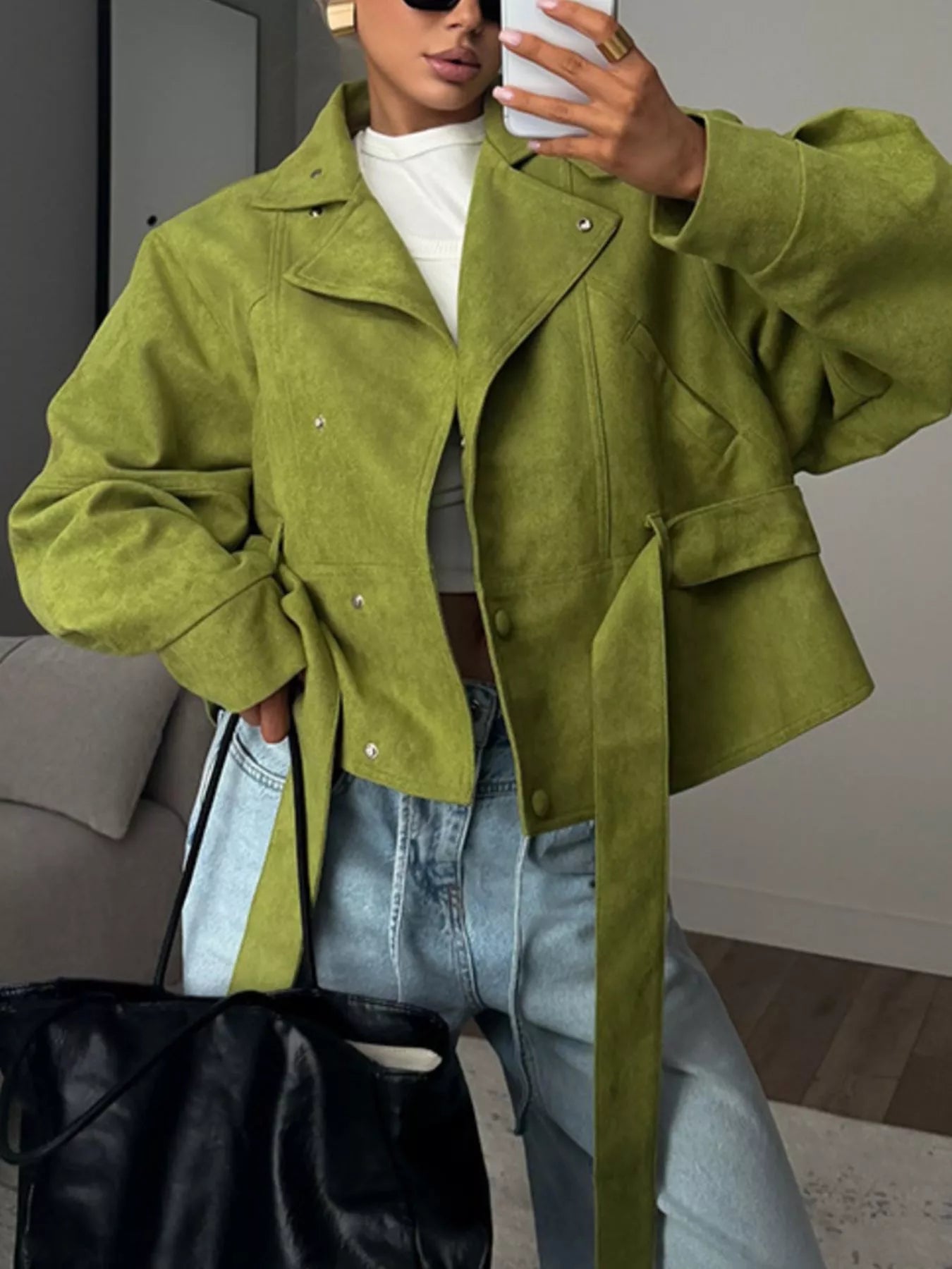 Tie Waist Long Sleeve Cropped Jacket