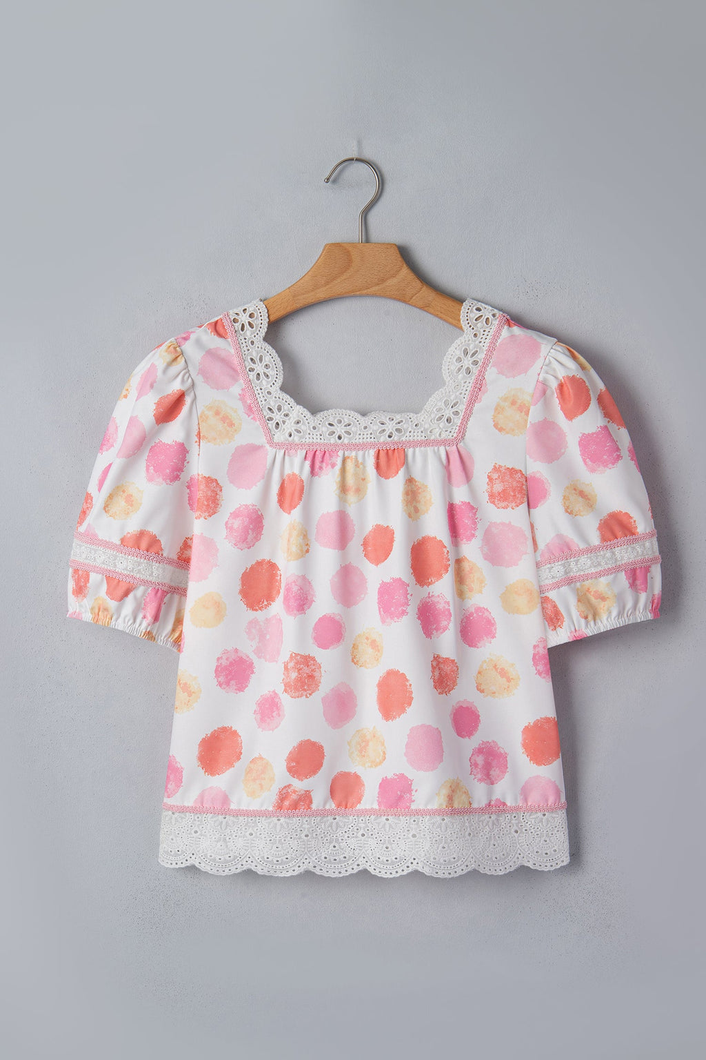 Pink Polka Dot Lace Trim Square Neck Puff Sleeve Blouse