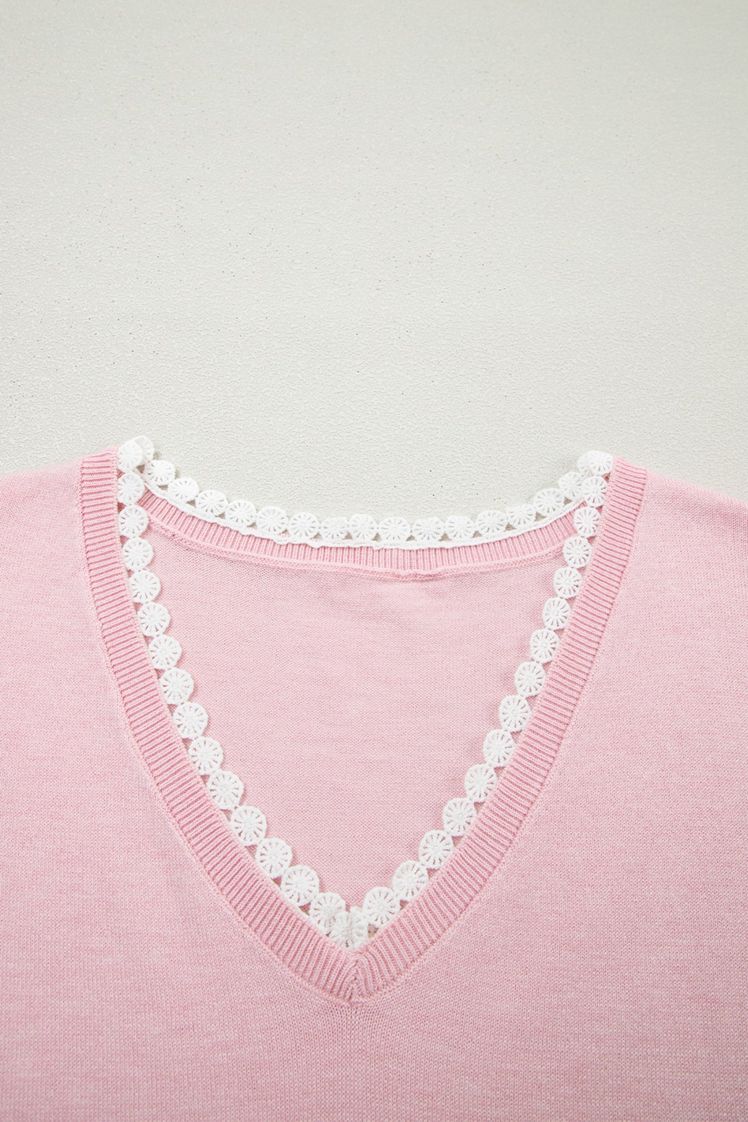 Strawberry Pink Lacy V Neckline Short Sleeve Sweater