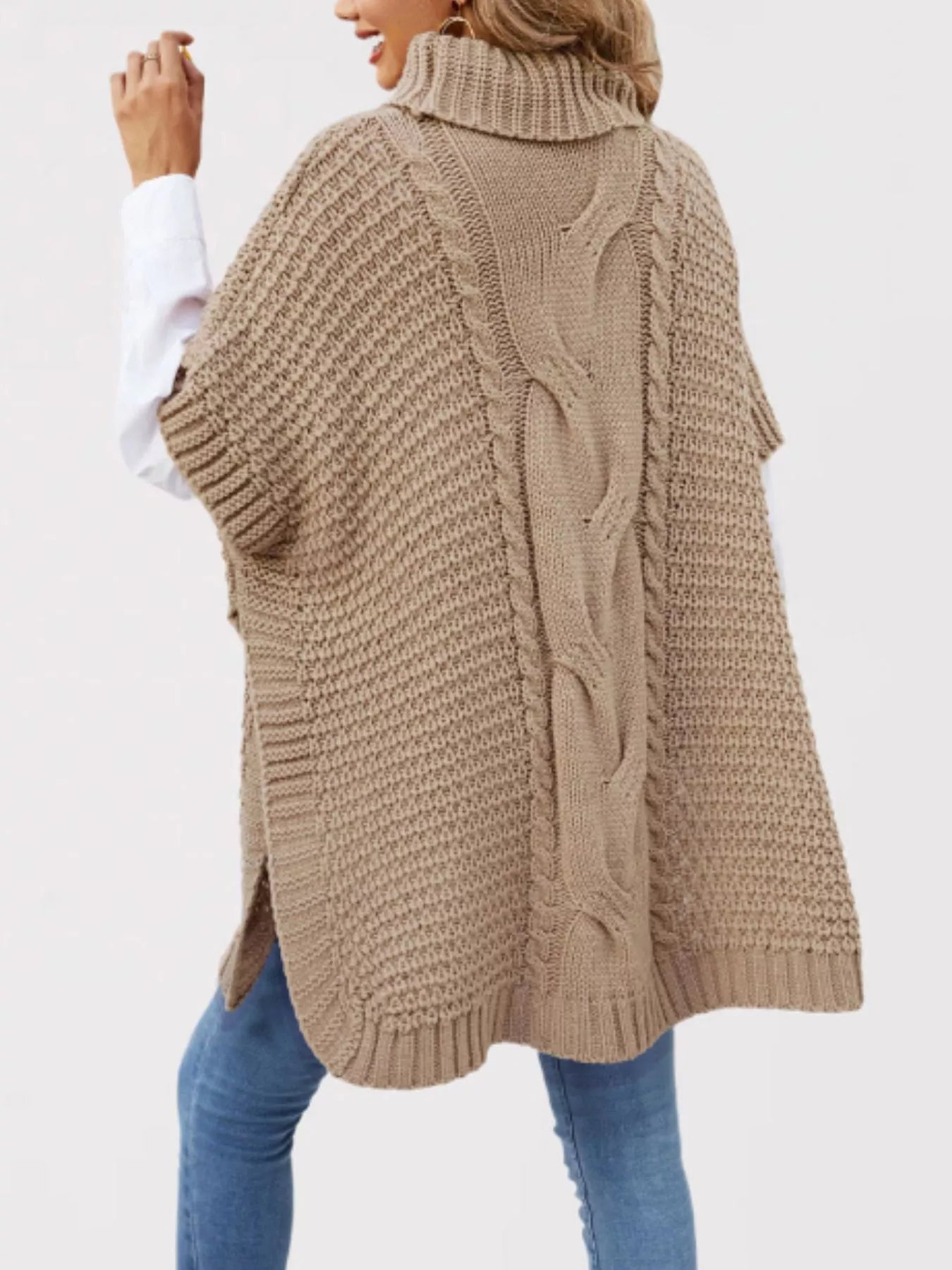 Turtleneck Cable-Knit Short Sleeve Oversized Sweater