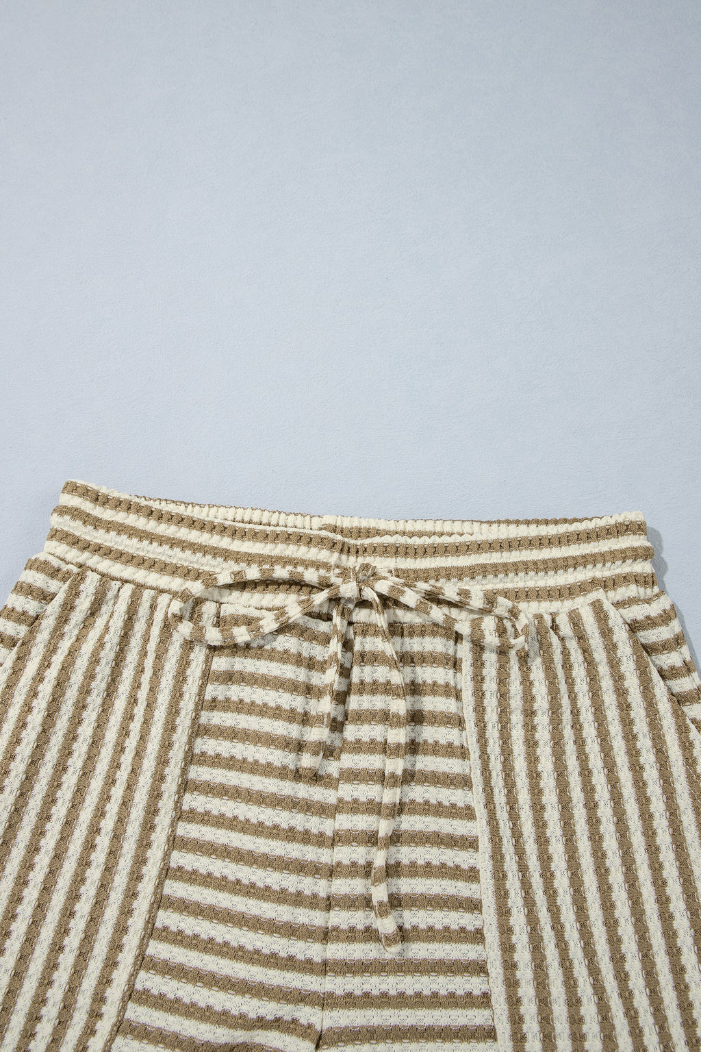 Brown Stripe Textured Knit Long Sleeve Top Elastic Waist Shorts Casual Outfit