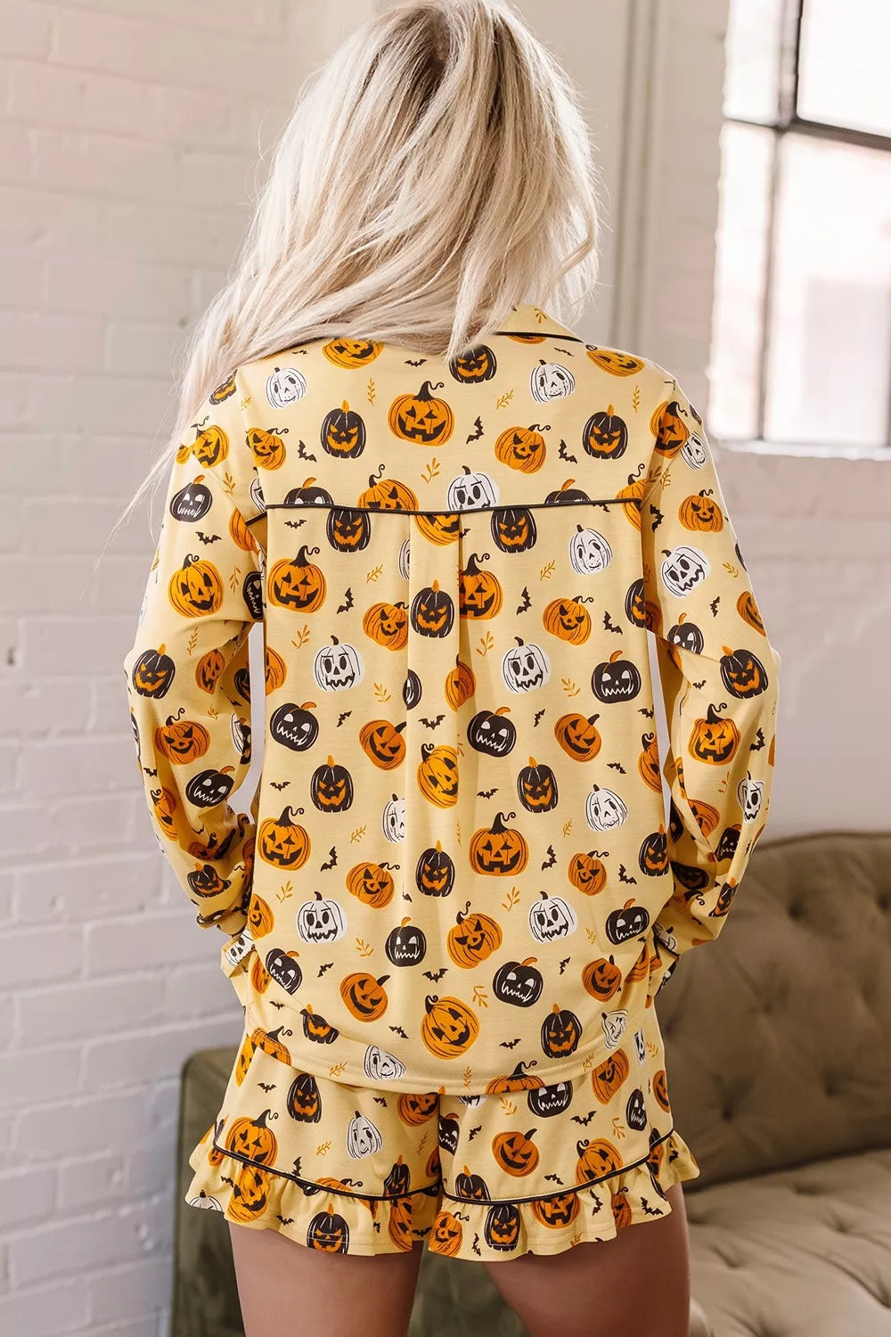 Halloween Pumpkin Print Long Sleeve Two Piece Lounge Set