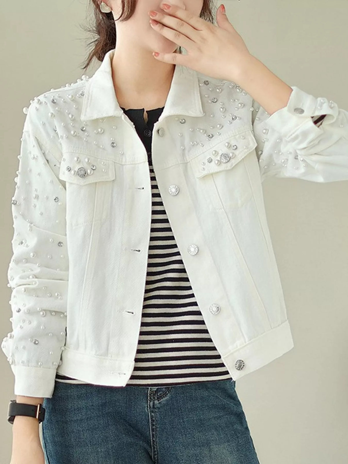 Pearl Detail Button Up Denim Jacket