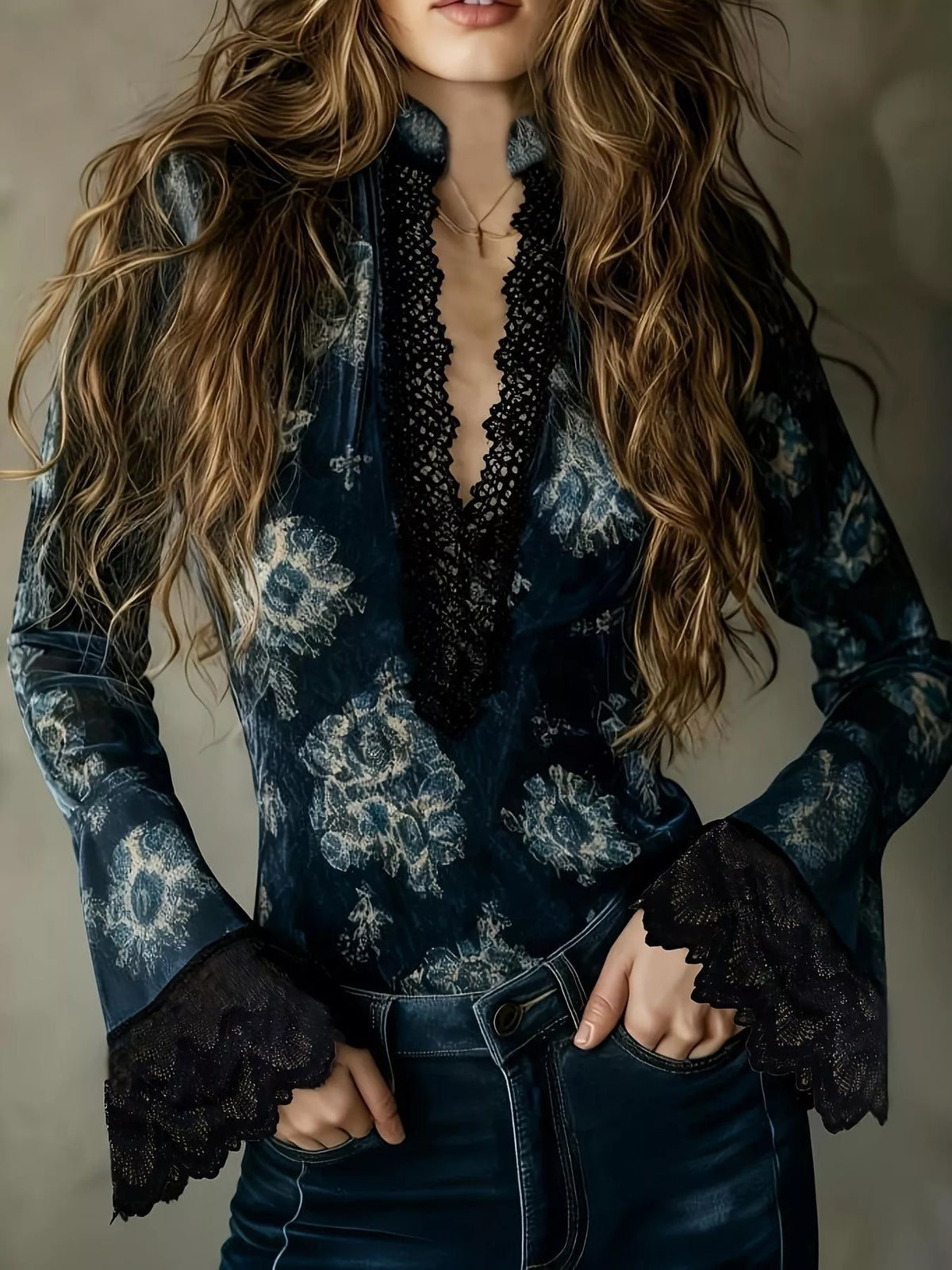 Lace Trim Flare Sleeves Blouse