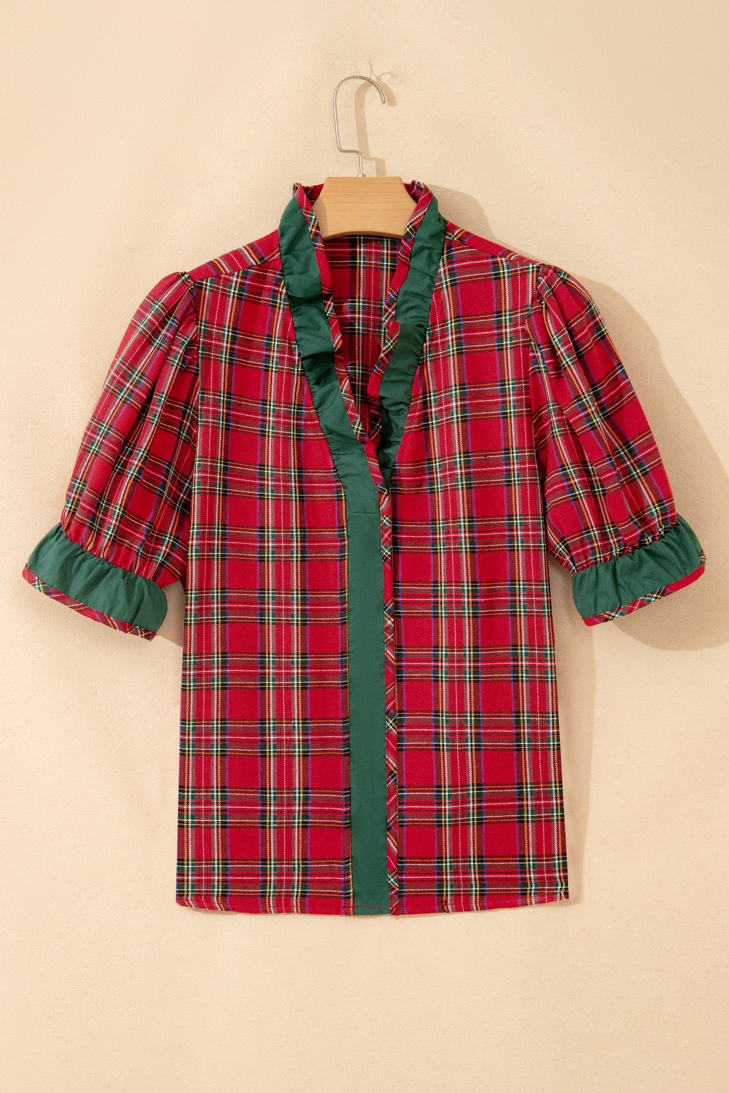 Red Plaid V Neck Ruffle Color Block Trim Short Sleeve Shirt