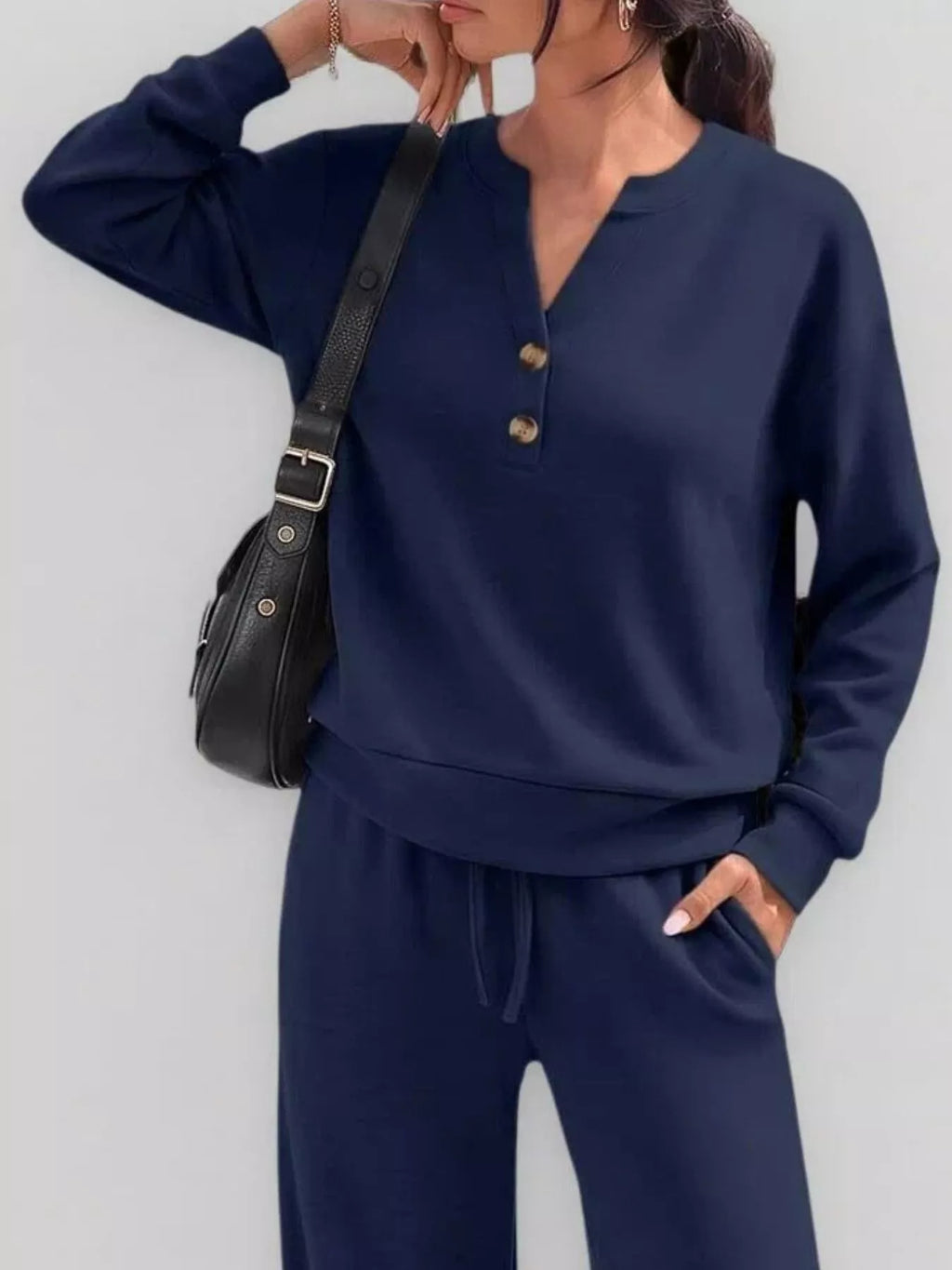 Button Detail Dropped Shoulder Top and Pants Set