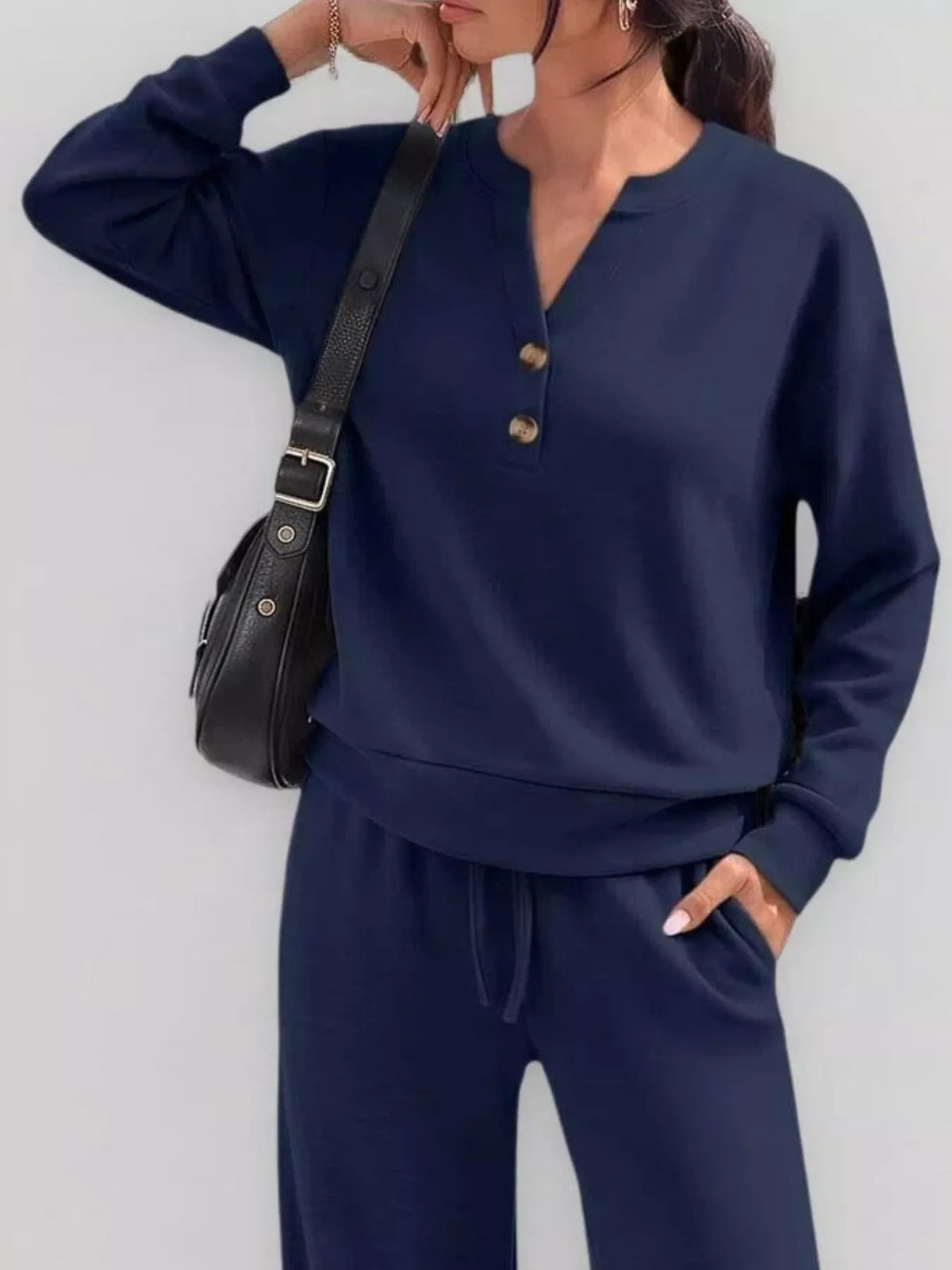 Button Detail Dropped Shoulder Top and Pants Set