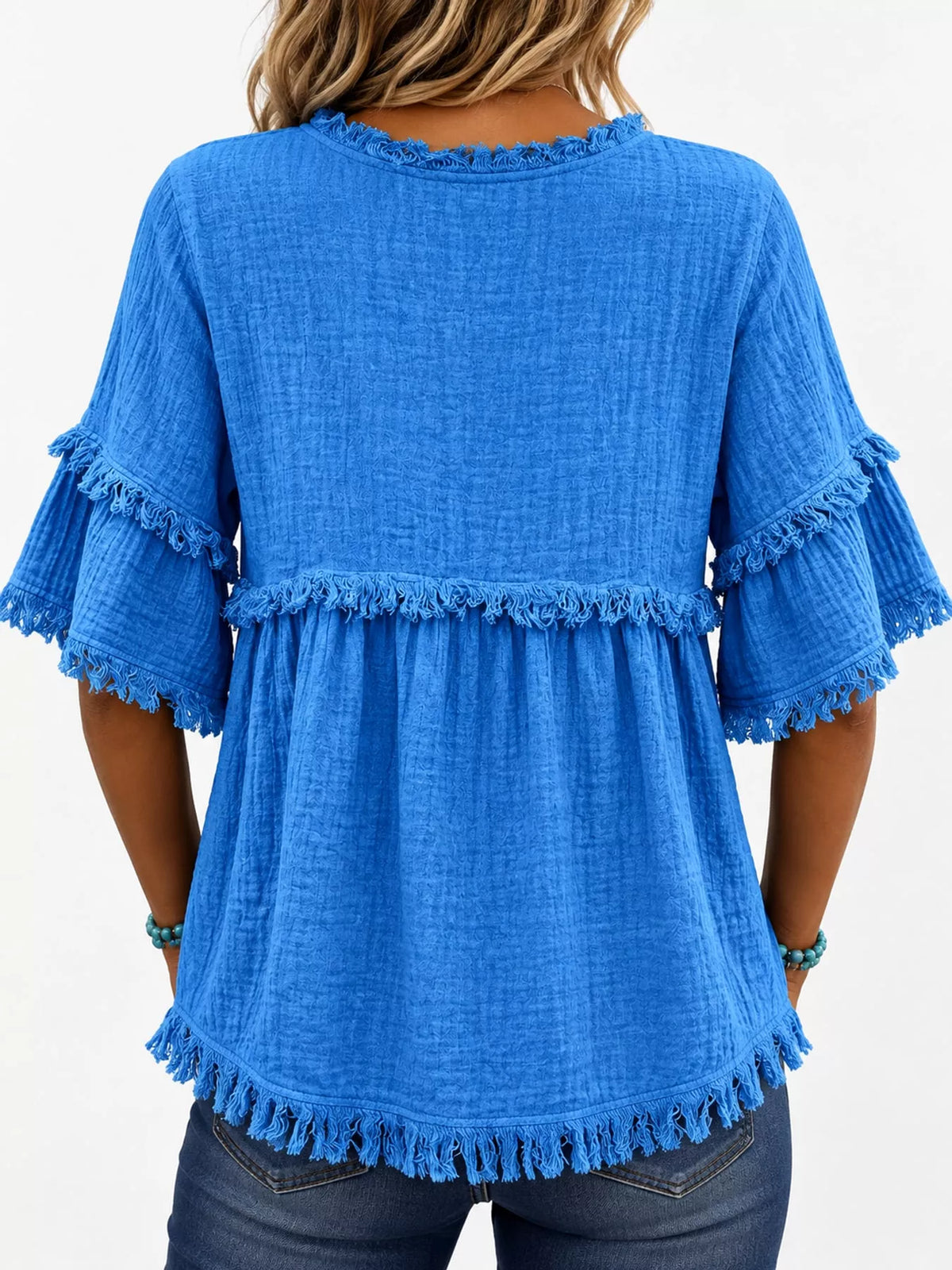Full Size Frayed Edge Textured Blouse Plus Size