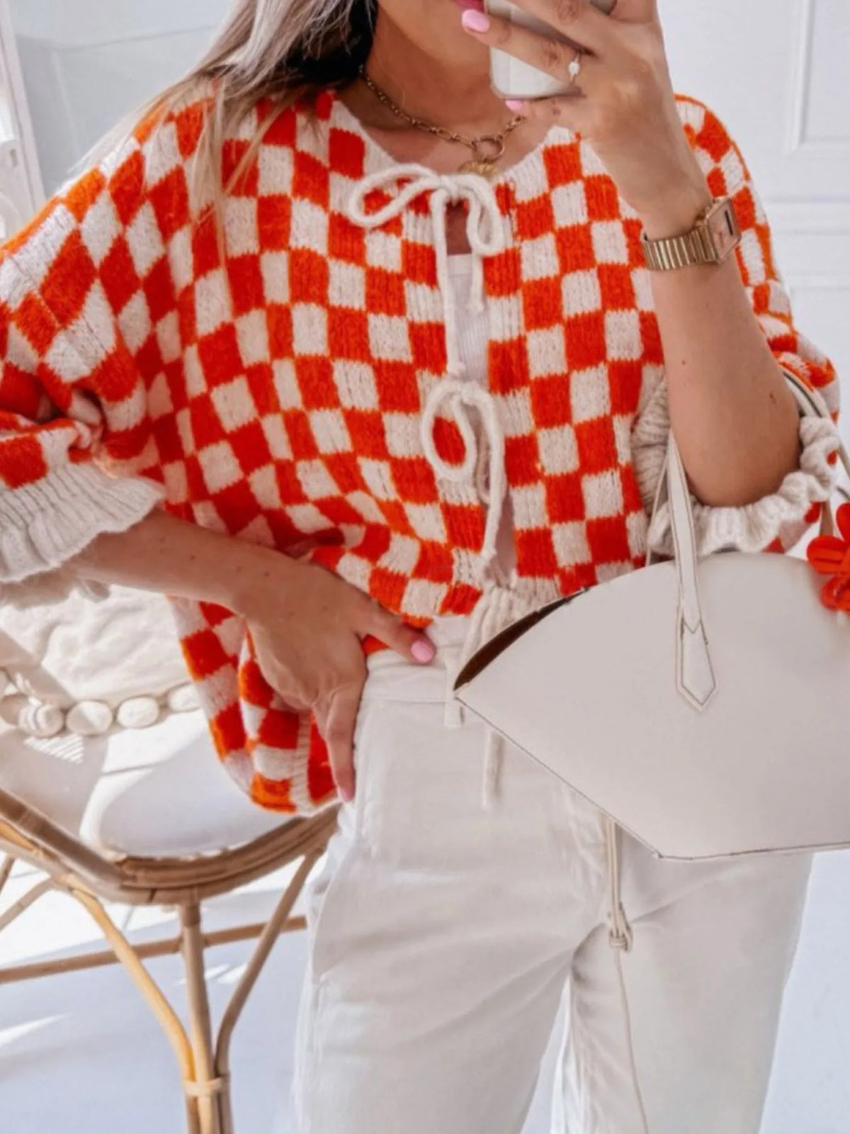 Checkered Tie-Front Knit Cardigan