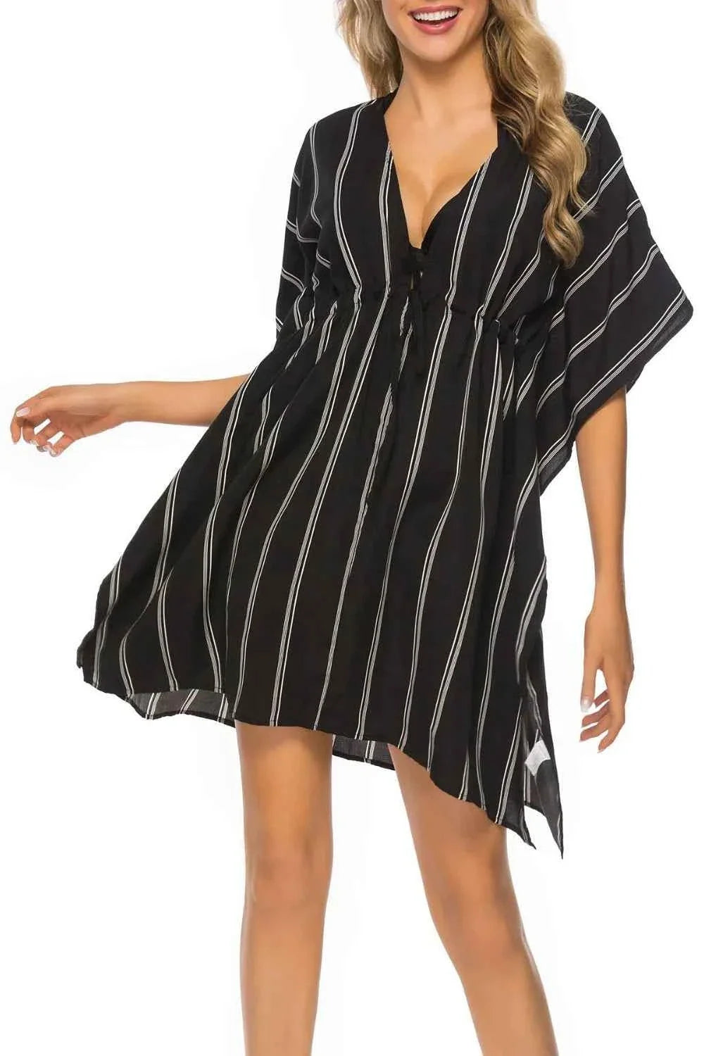 Drawstring Striped V-Neck Short Sleeve Beach Cover-Up