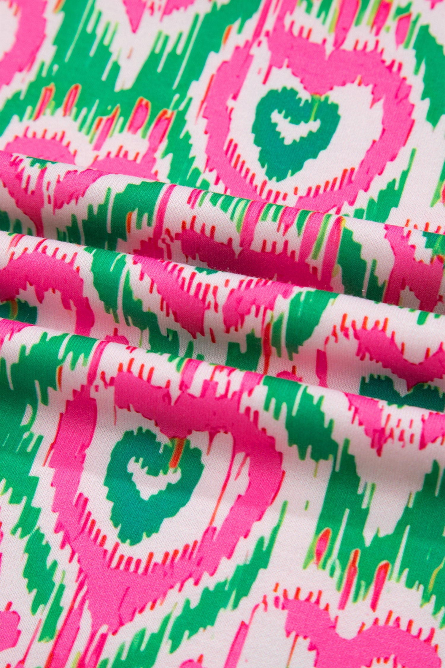 Green Abstract Heart In Heart Print Striped Trim Polo Collar Short Sleeve Blouse