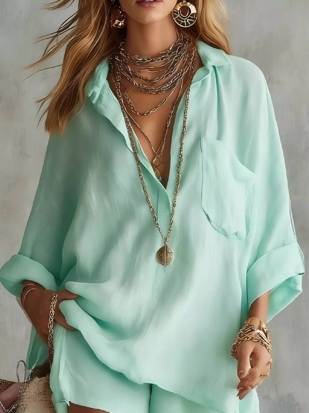 Full Size Half Button Shirt and Shorts Two-Piece Set Plus Size