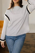 Stripe Contrasted Ruffle Trim Loose Long Sleeve Top
