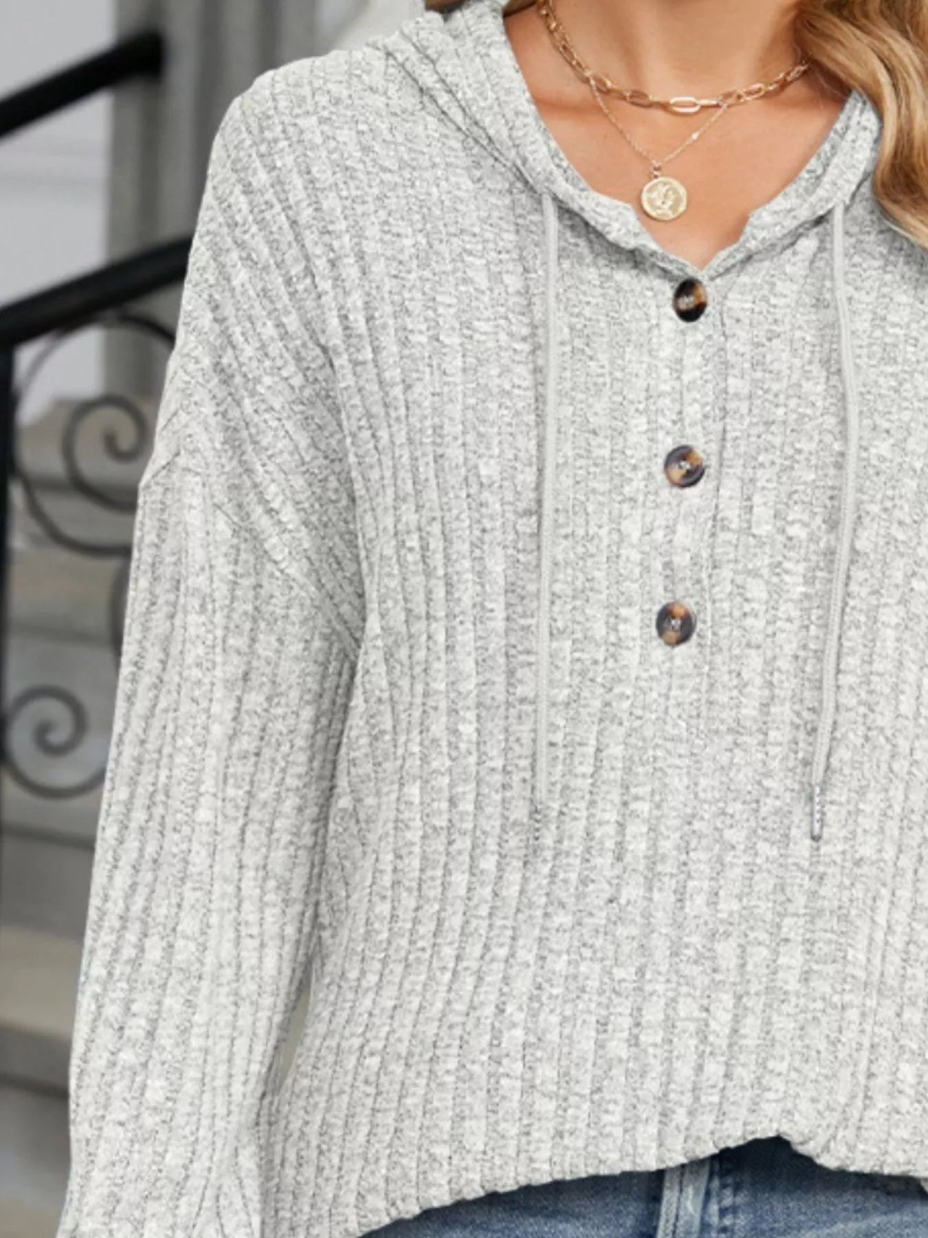 Ribbed Knit Drawstring Long Sleeve Hoodie