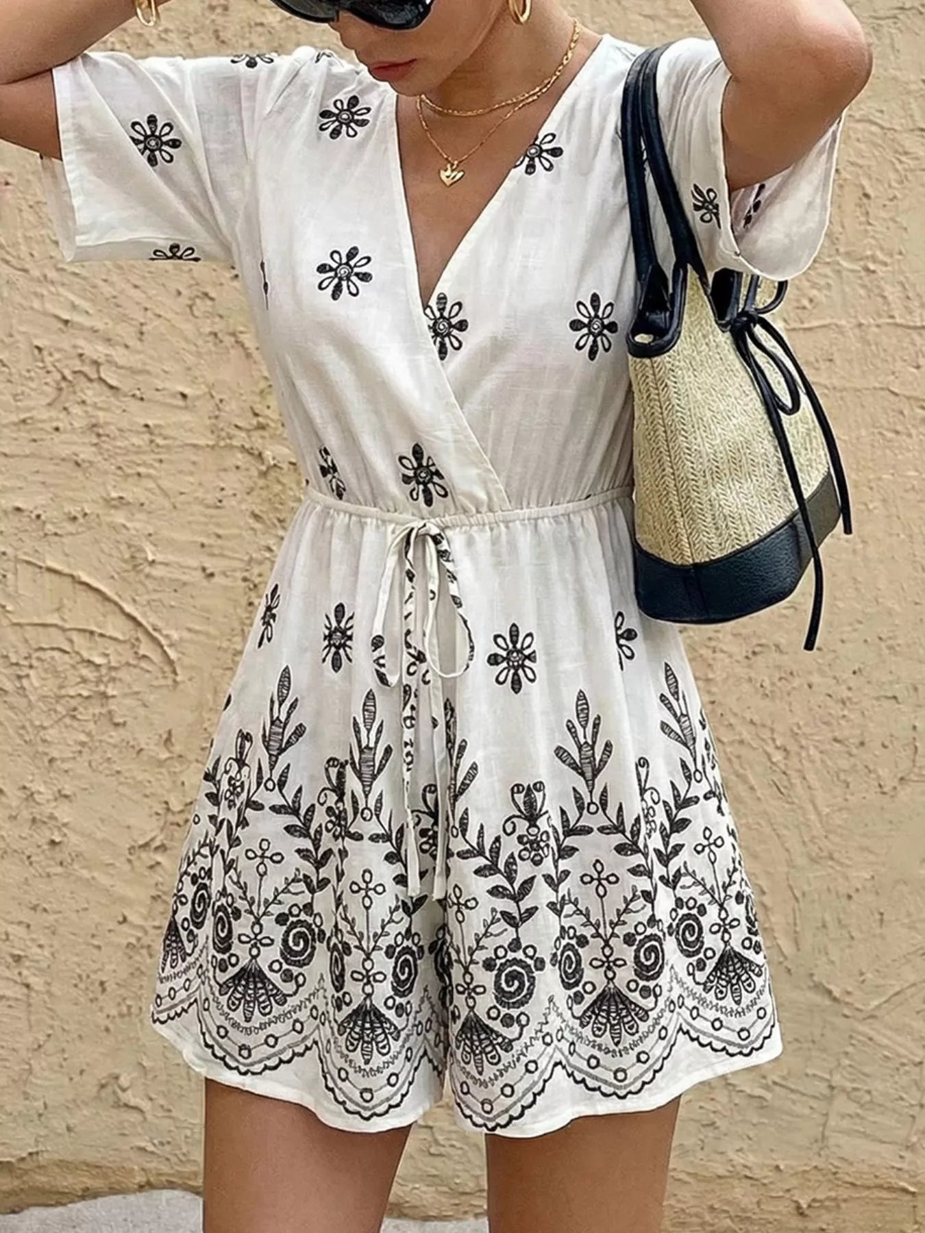 Printed Surplice Half Sleeve Romper