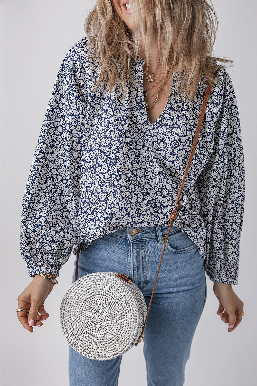 Floral V-Neck Puff Sleeve Blouse