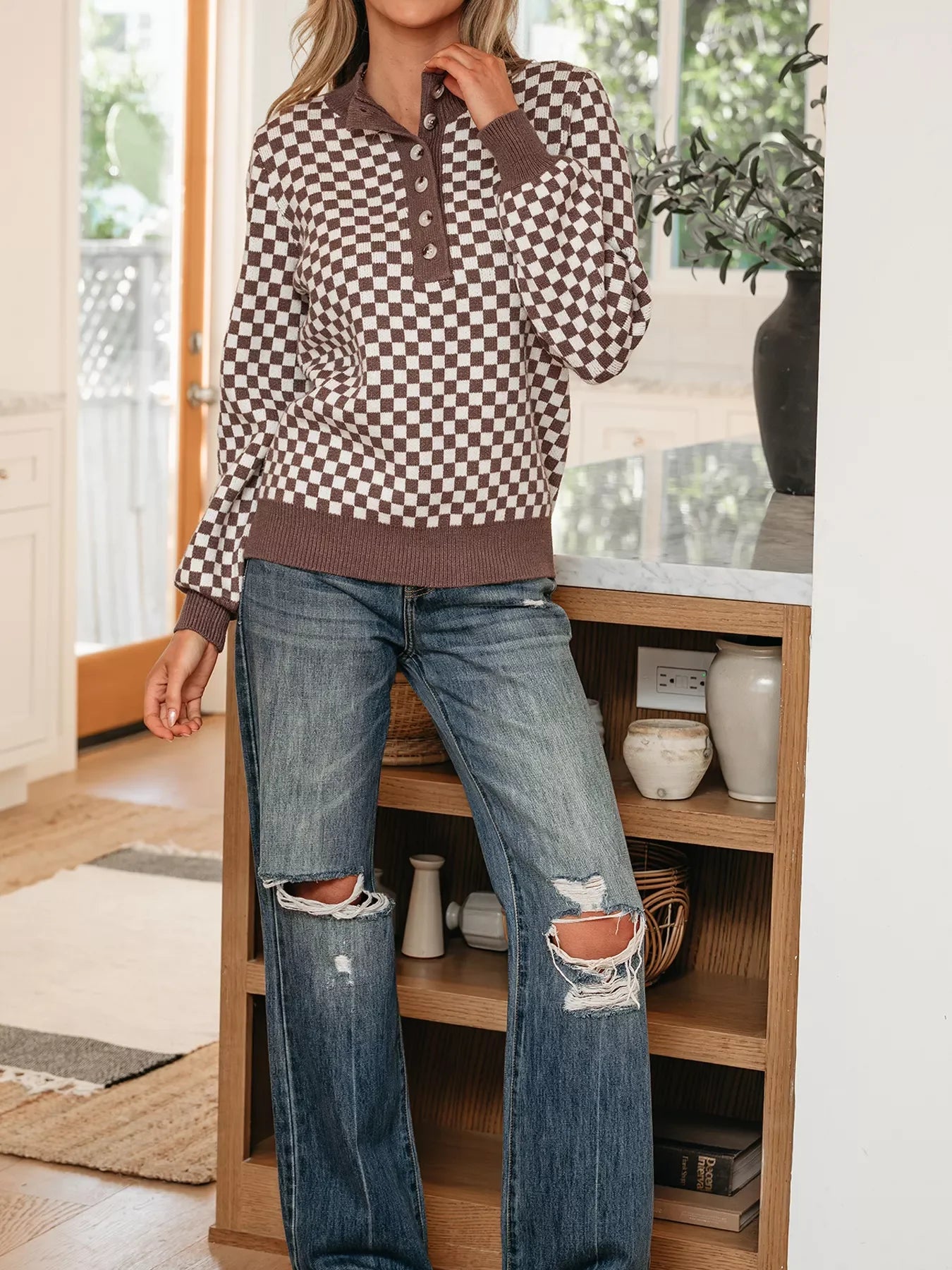 Half Button Ribbed Trim Checkerboard Knit Sweater