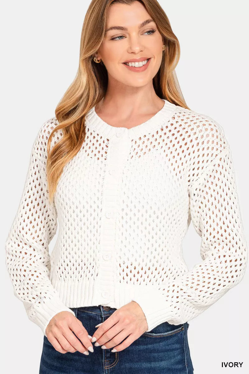 Zenana Button Down Lightweight Crochet Cardigan Sweater