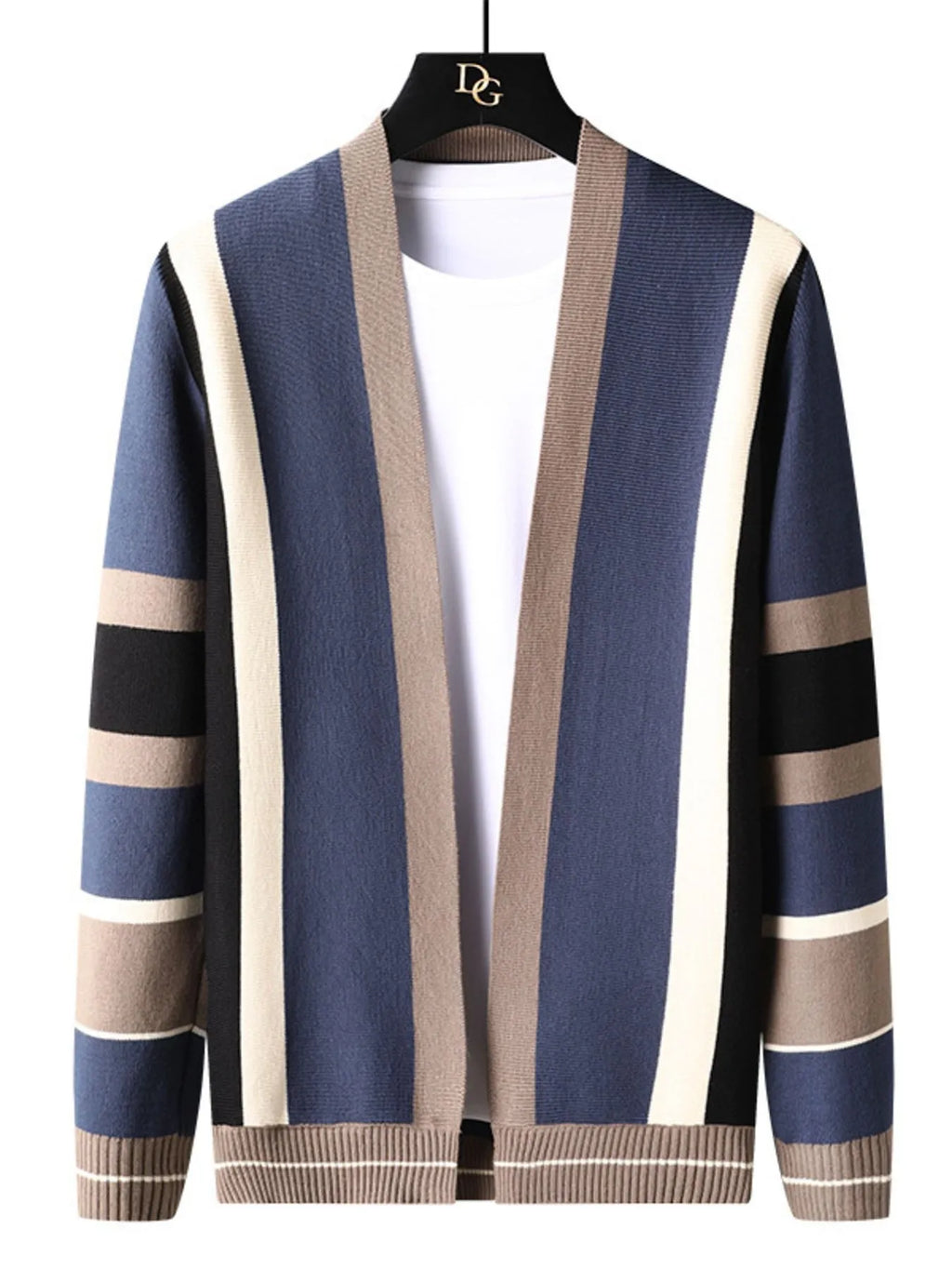 Men's Plus Size Striped Open Front Knit Cardigan