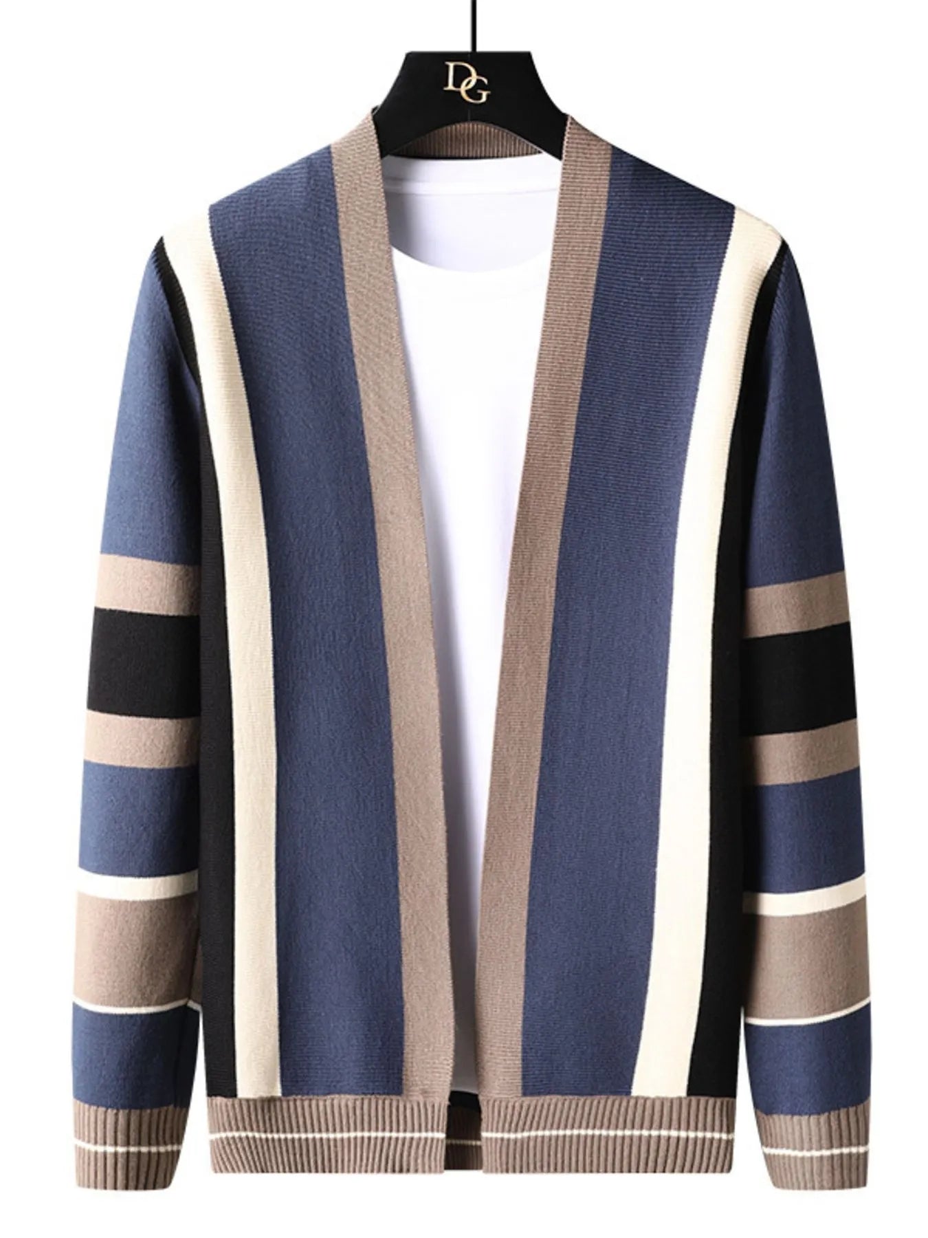 Men's Plus Size Striped Open Front Knit Cardigan
