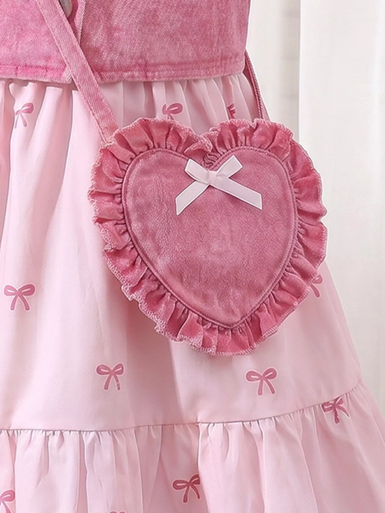Children's Bow Print Puff Sleeve Dress and Vest Set with Heart Bag
