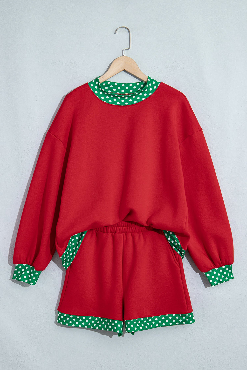 Racing Red Polka Dot Trim Baggy Pullover 2pcs Short Set